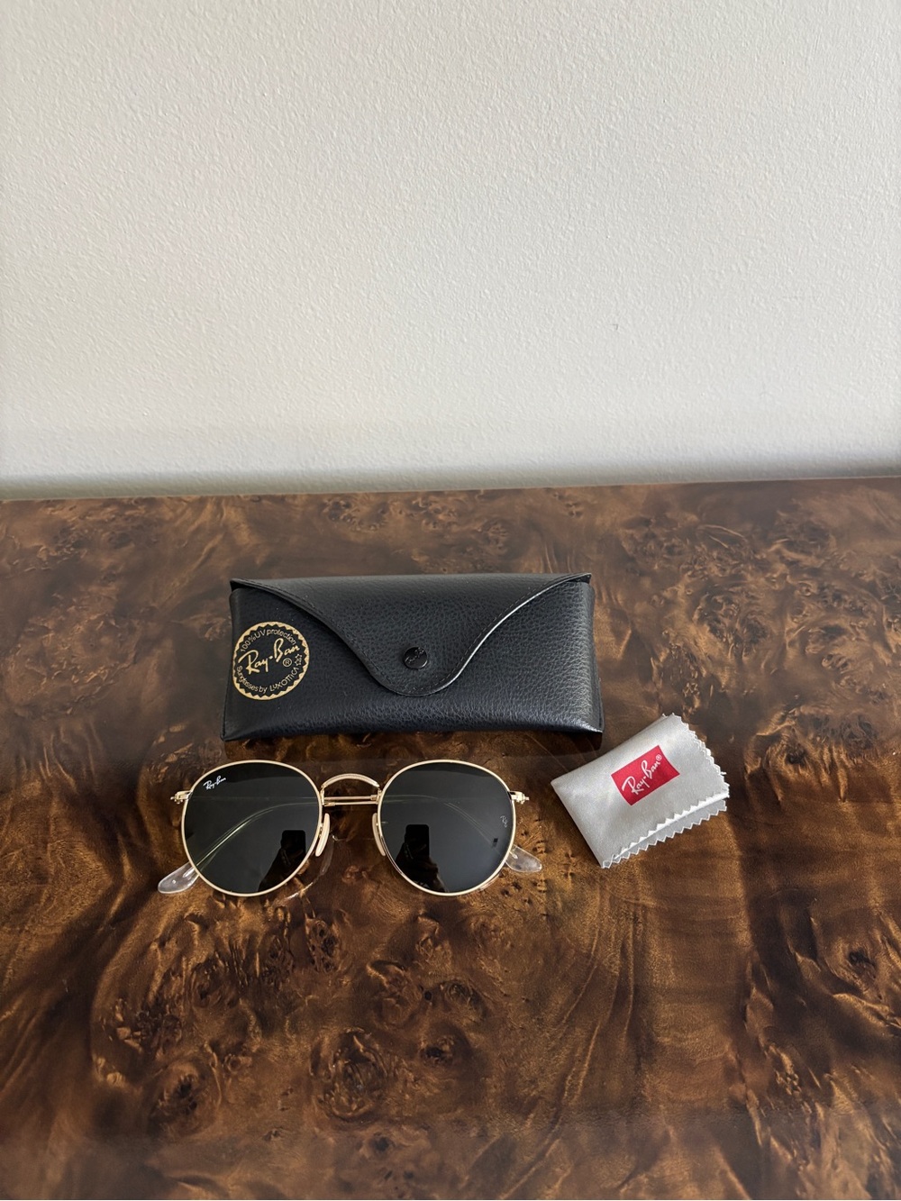 Ray-Ban Gold Frame Black Lens Round Sunglasses